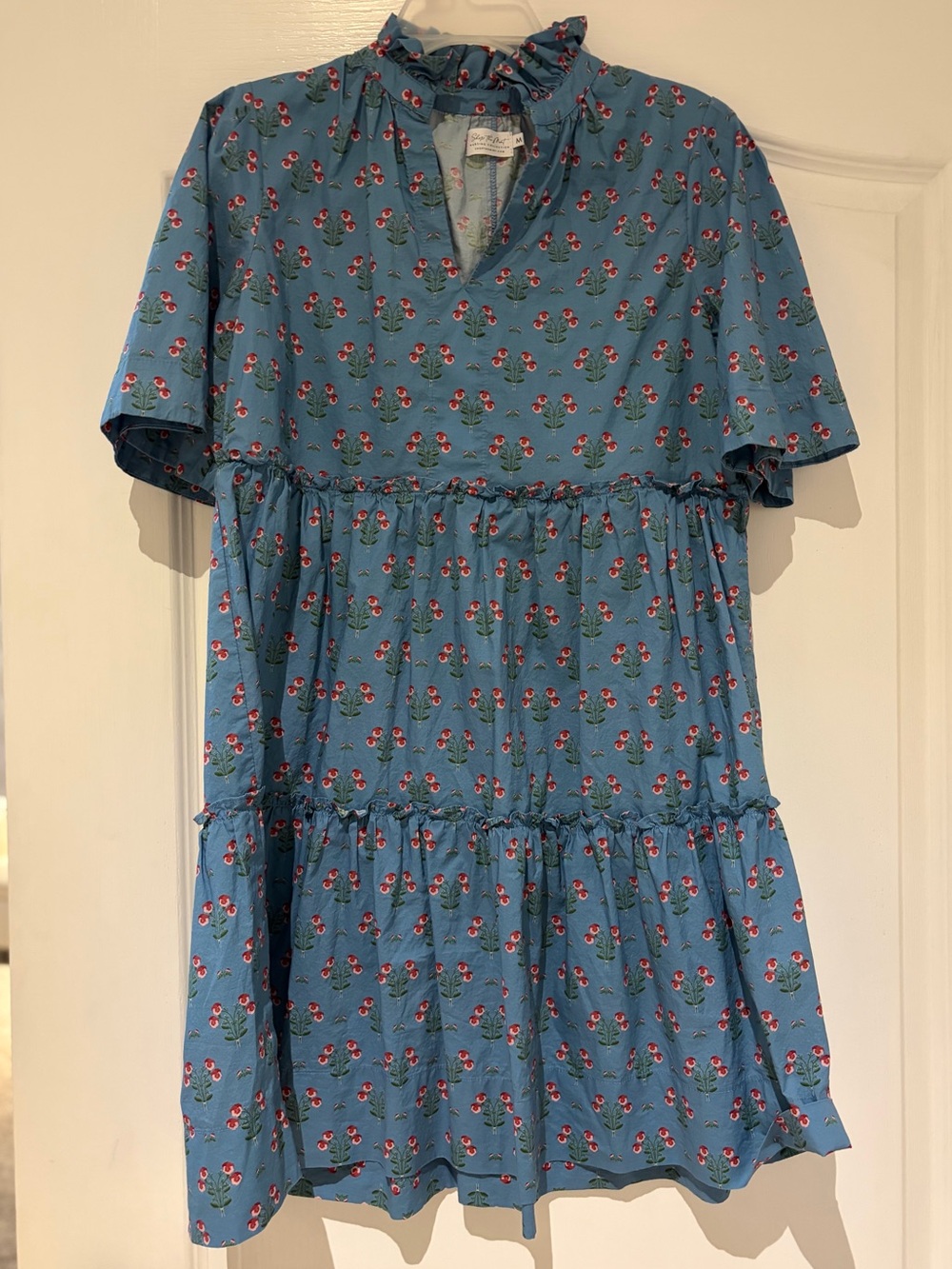 Blue Floral Tiered Ruffle-Neck Mini Dress